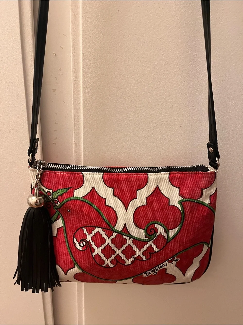 Brighton Red and Cream Moorish Tile Patterned Crossbody with Black Tassel